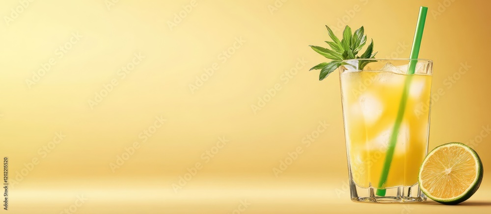Aufkleber Refreshing citrus drink in a glass with ice and lemon slice on a yellow background with Copy Space for text placement