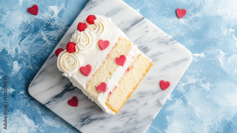 Poster decorative heart-themed cake slice with raspberries on marble surface with blue background copy spac