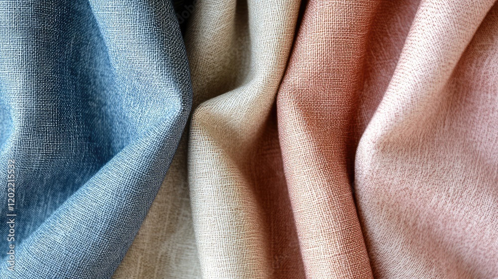 Aufkleber Textured fabric swatches in soft colors blue beige and peach with natural light and shadows showing fabric drape Copy Space