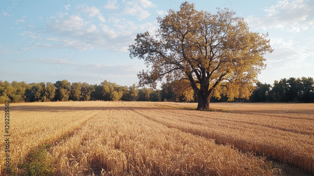 Poster autumn landscape with a solitary tree in a golden wheat field under a blue sky with clouds copy spac