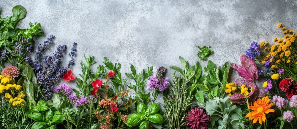 Aufkleber Colorful assortment of fresh flowers and herbs on textured gray background with Copy Space for text placement.