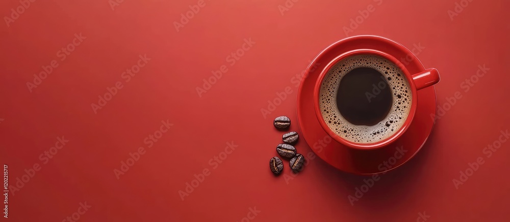 Poster red coffee cup with black coffee and coffee beans on a red background with ample copy space for text