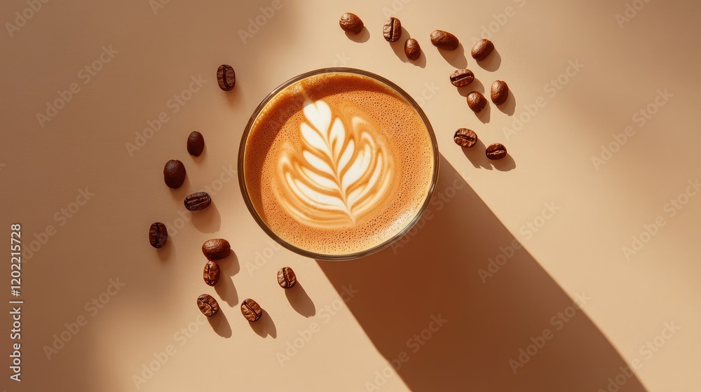 Aufkleber coffee cup with latte art on light background surrounded by coffee beans and shadows copy space
