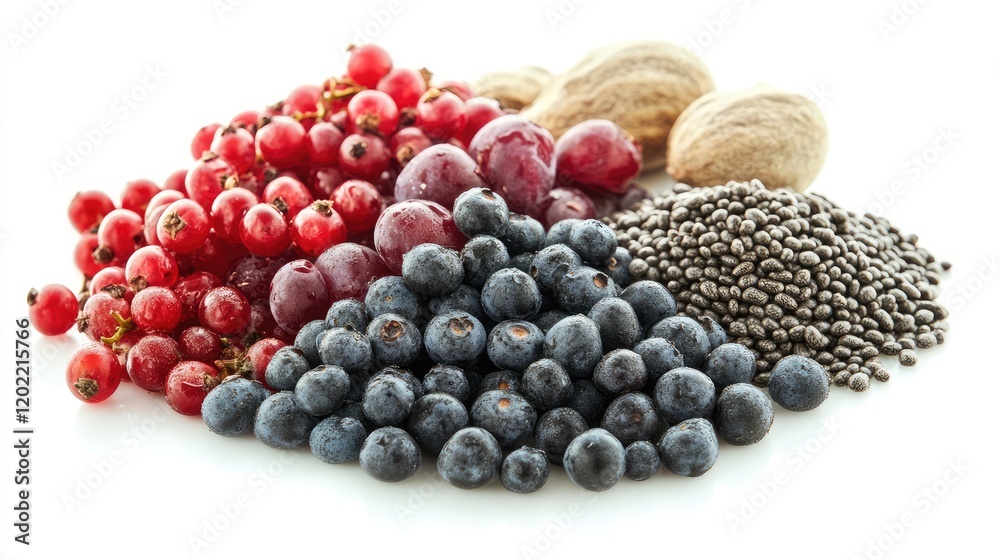 Leinwandbilder Assorted Fresh Berries and Nuts on White Background with Copy Space for Text