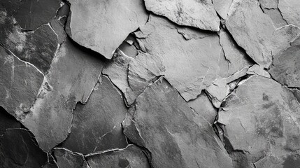 Textured black and white slate stone surface background with uneven layers and Copy Space for design use