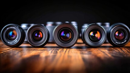 Camera lenses on wood table, dark background, photography equipment
