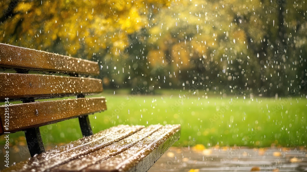 Aufkleber rain falling on a wooden bench in a park with autumn foliage in the background and blurred greenery 