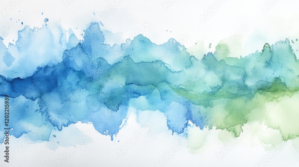 Poster Abstract watercolor wave pattern in shades of blue and green with soft brush strokes and ample copy space for text placement.
