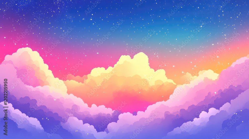 Poster colorful gradient sky with fluffy clouds and starry background, ideal for digital art or vibrant des