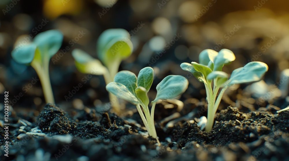 Aufkleber new plant seedlings emerging from dark soil with soft sunlight background and visible copy space.