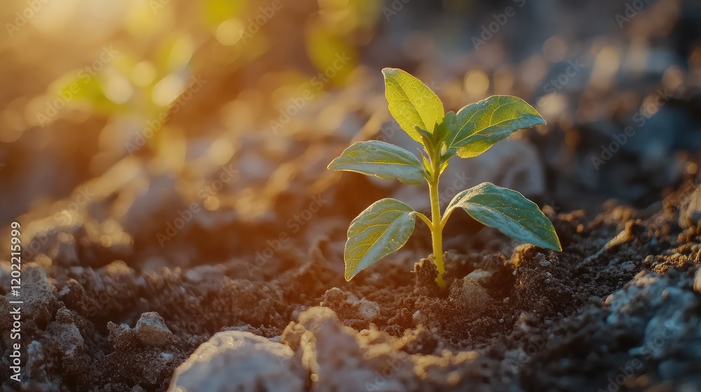Poster new image title: close-up of young green plant sprouting from dark soil with sunlight backdrop and c
