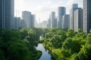 Fototapeta premium A green river valley with modern skyscrapers and wind turbines in a sustainable urban environment