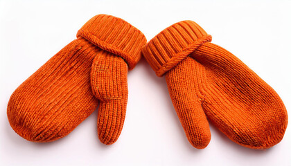 warm woolen knitted mittens isolated on white background orange