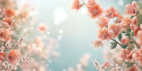 Delicate cherry blossoms in soft pink hues flourish in a tranquil garden, creating a peaceful atmosphere during early spring with gentle sunlight