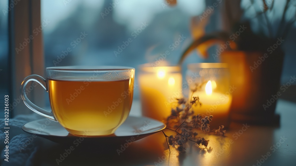 Poster cup of tea on saucer with candles and flowers in soft focus background copy space