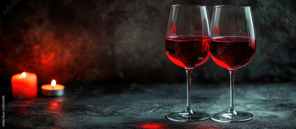 Poster Red wine glasses with candlelight in a dim setting showcasing reflections and shadows Copy Space