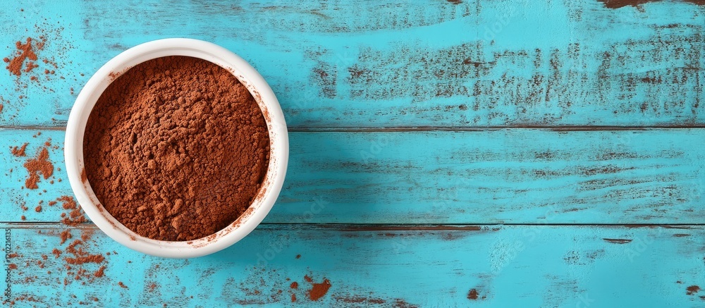 Poster cocoa powder in white bowl on rustic wooden background with copy space for text