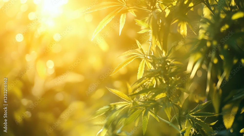 Poster Sunlight filtering through vivid green cannabis leaves with a soft bokeh background and bright golden hues Copy Space