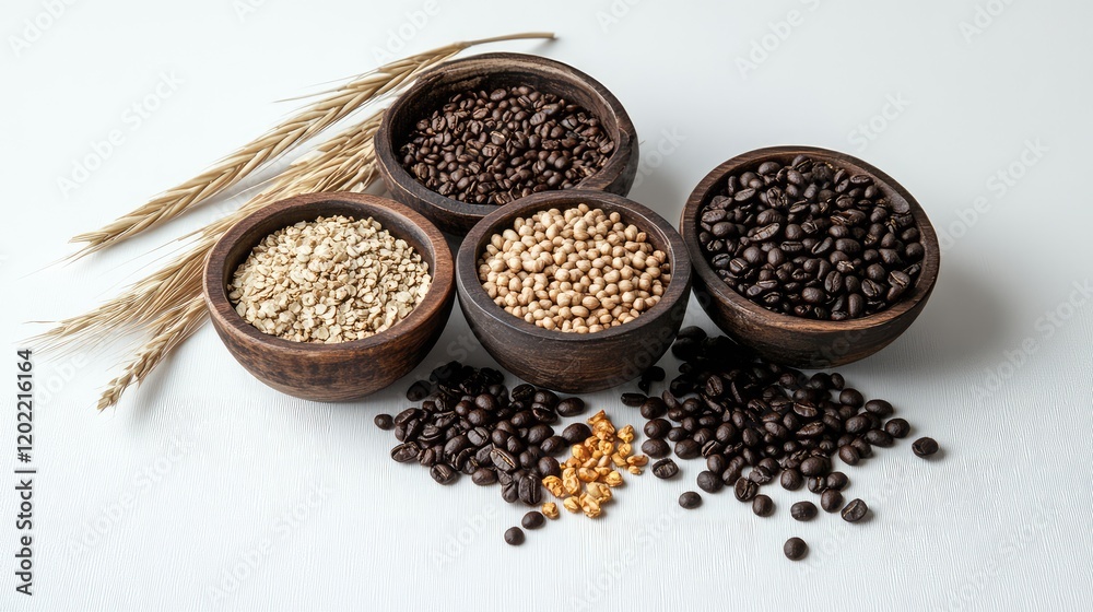 Aufkleber various types of coffee beans and grains in wooden bowls with wheat stalks on a light background cop
