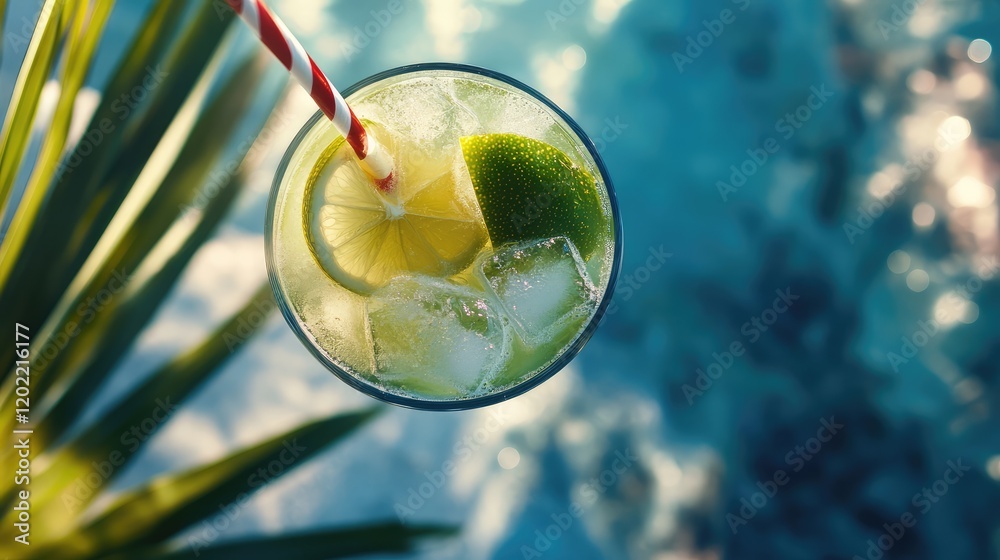 Poster Cocktail with lime and ice in glass with striped straw on a blurred pool background with Copy Space