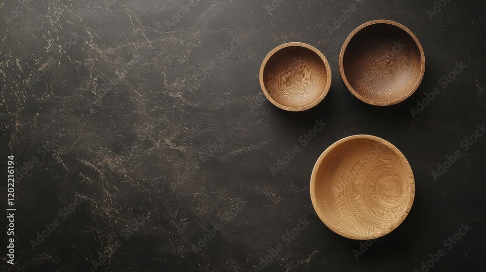 Poster wooden bowls arranged on dark textured surface with copy space for text above and below the bowls