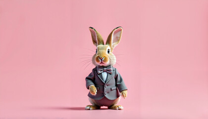 Adorable rabbit in formal gray suit with bow tie on a solid pink background
