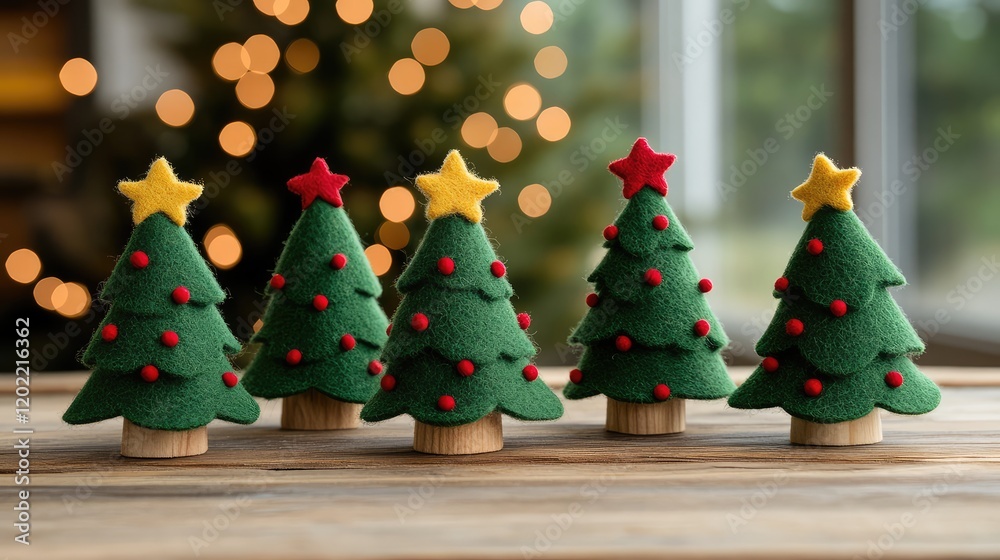 Aufkleber miniature christmas trees decoration arranged on a wooden surface with blurred festive lights in the