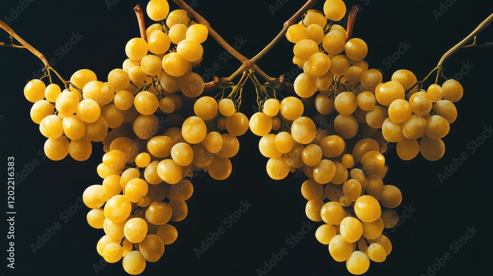 Poster bunches of ripe yellow grapes hanging against a dark background with copy space for text
