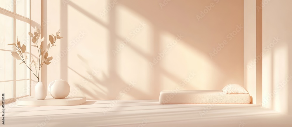 Aufkleber minimalist interior design with soft shadows and warm pastel colors featuring a vase and a single be