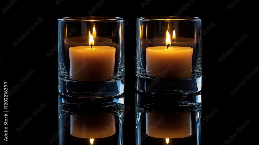 Poster two lit candles in glass holders on a reflective surface with black background copy space