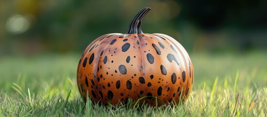 Decoratively painted pumpkin with leopard spots on green grass background Copy Space