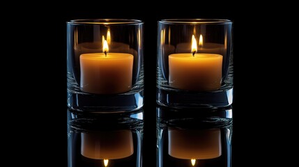 Two lit candles in glass holders on a reflective surface with black background Copy Space