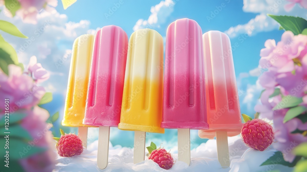 Poster colorful ice pops arranged in a row with a blue sky and fluffy clouds background featuring raspberri