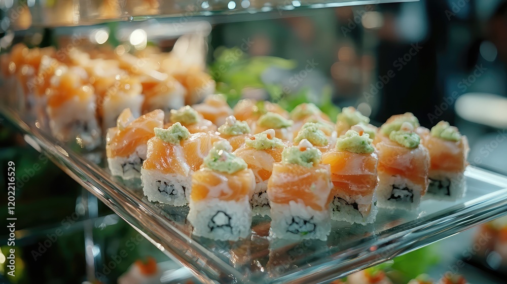 Aufkleber Sushi rolls with salmon and wasabi on glass display in restaurant setting with Copy Space for text