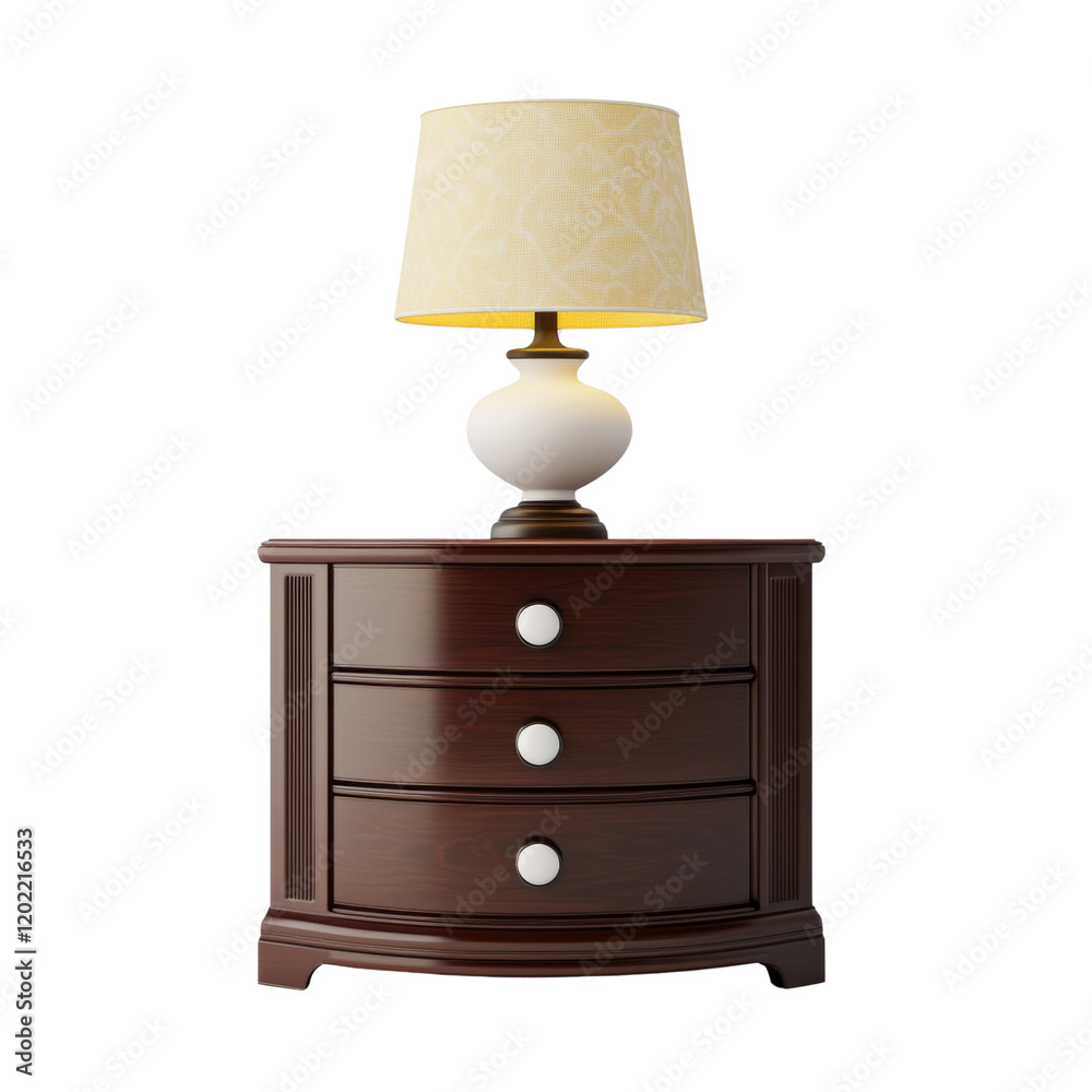 Poster a stylish table lamp with a yellow shade sits atop a dark wood three-drawer chest.