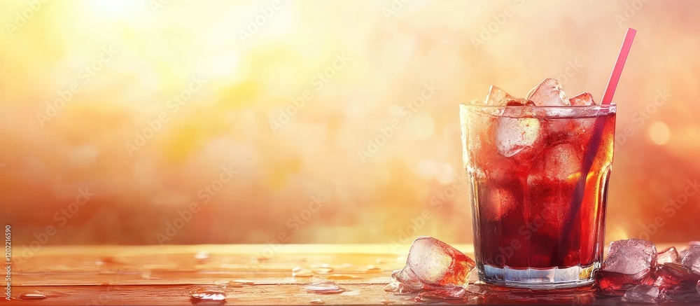 Poster iced beverage in a glass with straw and ice cubes on wooden surface against a blurred sunset backgro