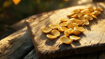 Golden pumpkin seeds scattered on a rustic wooden cutting board with natural light and blurred green background Copy Space