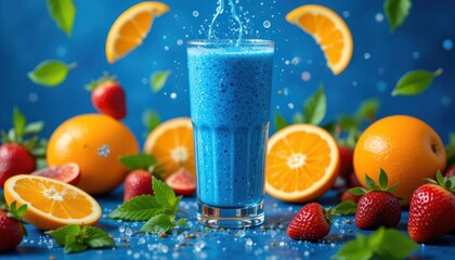 A cold, fresh fruit smoothie in a glass, a healthy citrus beverage