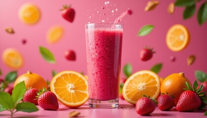 A fresh strawberry fruit cocktail blends sweet red berries with citrus for a cold, healthy beverage