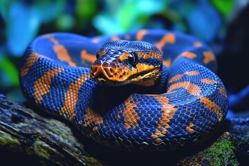 Fototapeta premium A Blue And Orange Python Rests On Wood