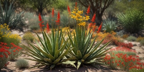 Fototapeta premium aloe arborescens krantz with yellow and red flowers in the wild , aloe krantz, flowering succulent