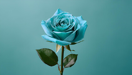 single teal rose long stem vertical stand pose isolated on background