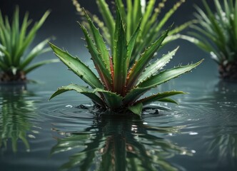 Fototapeta premium Aloe vera plant with leaves partially submerged in water, minimalist decor, succulents