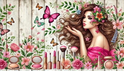 Elegant Woman with Floral Beauty, Butterflies, and Luxury Makeup Products
