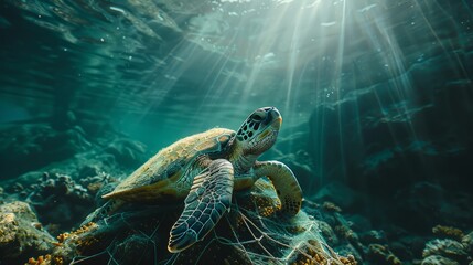 Obraz premium A sea turtle swims peacefully above a lush coral reef, surrounded by sunlight filtering through the water, highlighting the marine life below