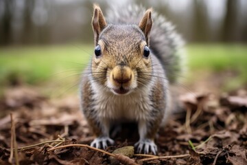 Obraz premium Ground Wildlife Portrait: Brown and Bushy Grey Squirrel Outdoors