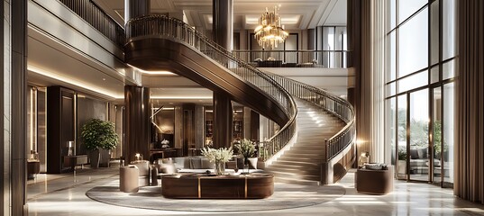 Fototapeta premium An elegant foyer with a grand staircase, stylish decor, and statement lighting