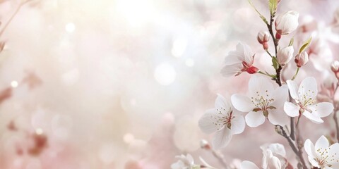 Soft pink cherry blossoms adorn branches in a tranquil garden, signaling the arrival of spring with their beauty and grace under gentle sunlight