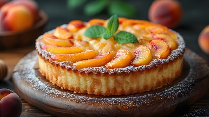A close up of delicious cake decorated with slices of peach dusted with white sweet powder on round wooden dish