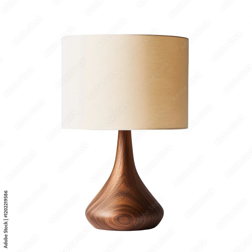 Aufkleber a modern table lamp featuring a walnut wood base and a cream-colored fabric shade sits on a white su